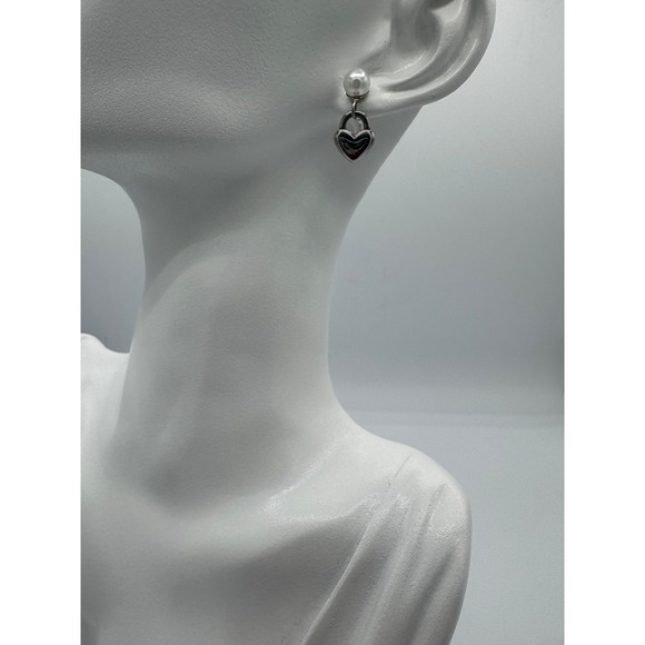 Oshena Jewelry - Oshena Heart Lock Pearl Drop Earrings Womens OS Silver White NEW Romantic Dainty